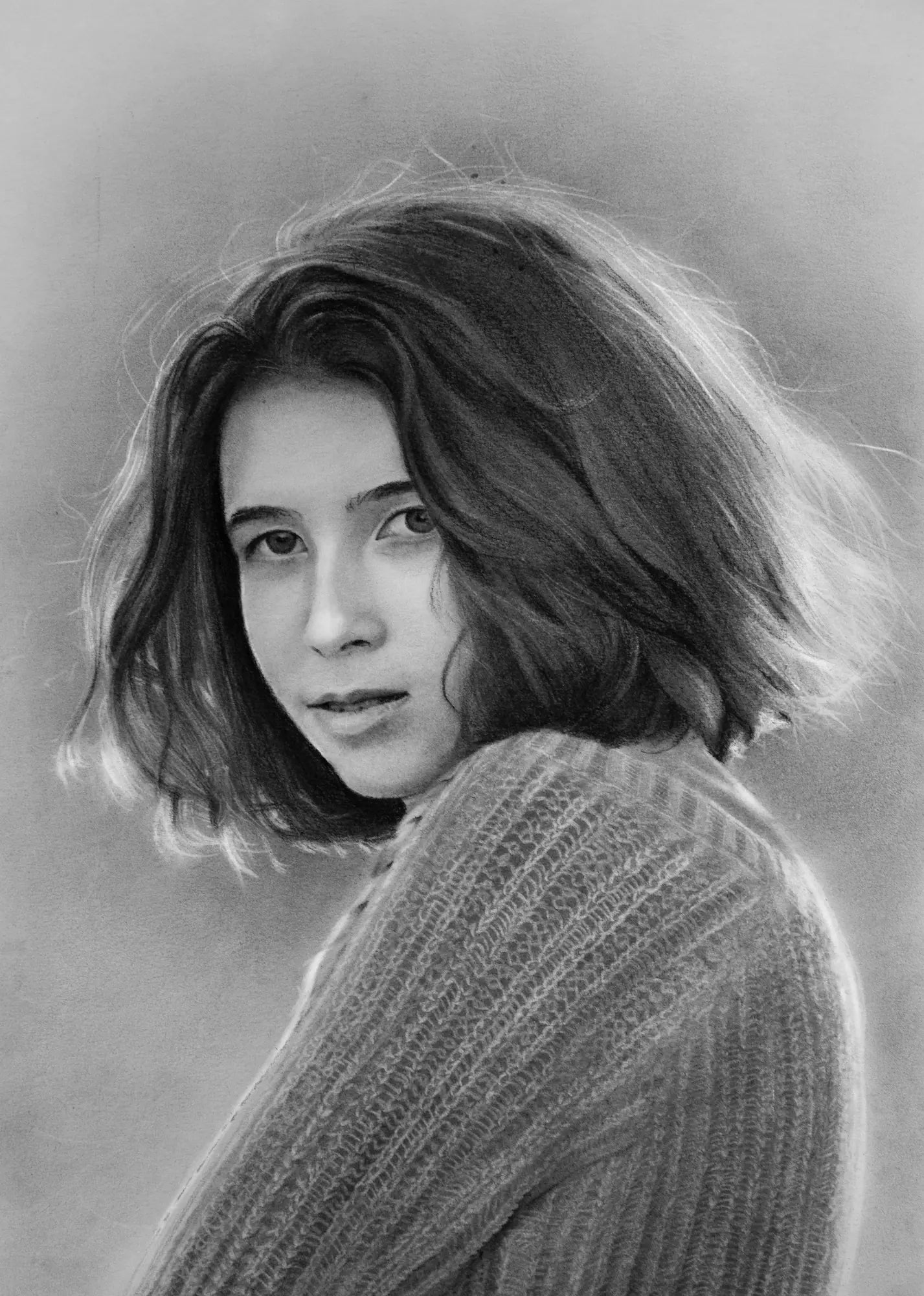 Original B&W charcoal girl portrait