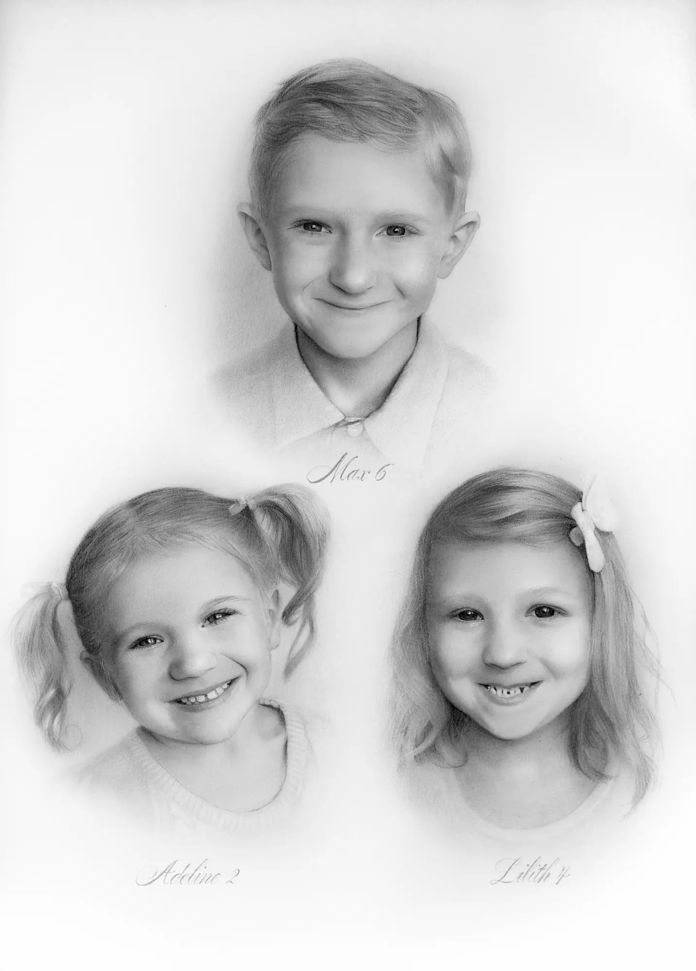 Personalised trio hand drawn children portrait