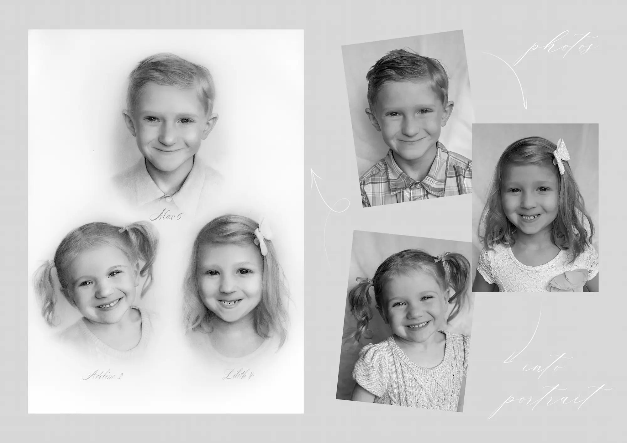 Personalised trio hand drawn children portrait