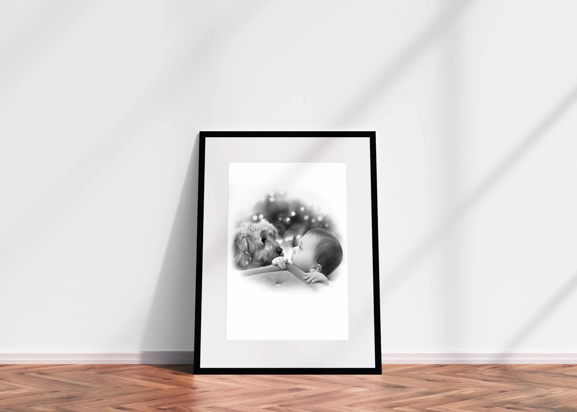 Baby with dog pencil drawing