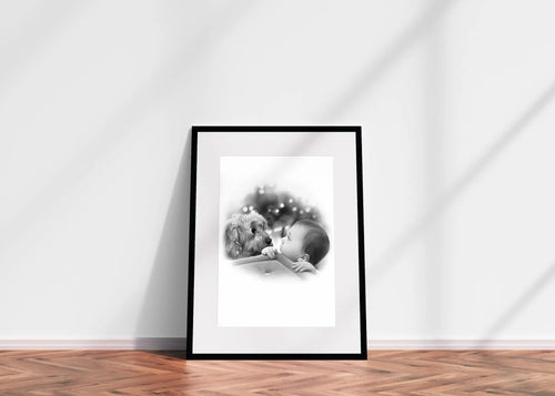 Baby with dog pencil drawing