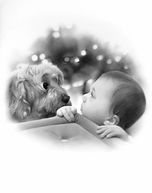 Baby with dog pencil drawing