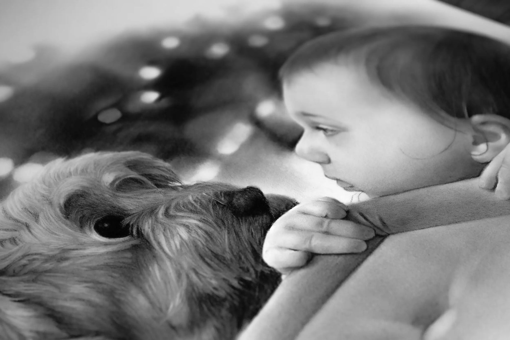 Baby with dog pencil drawing