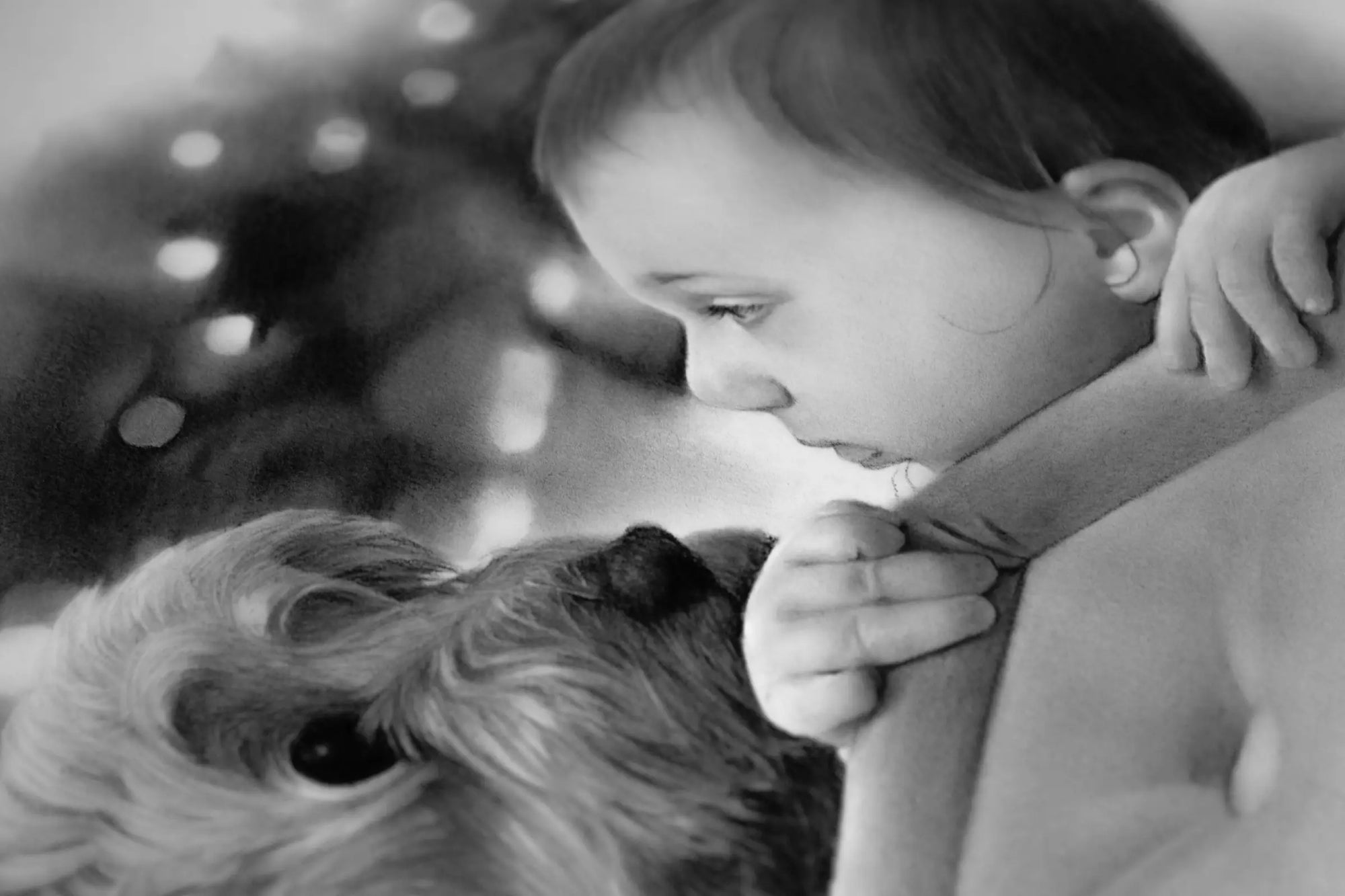 Baby with dog pencil drawing