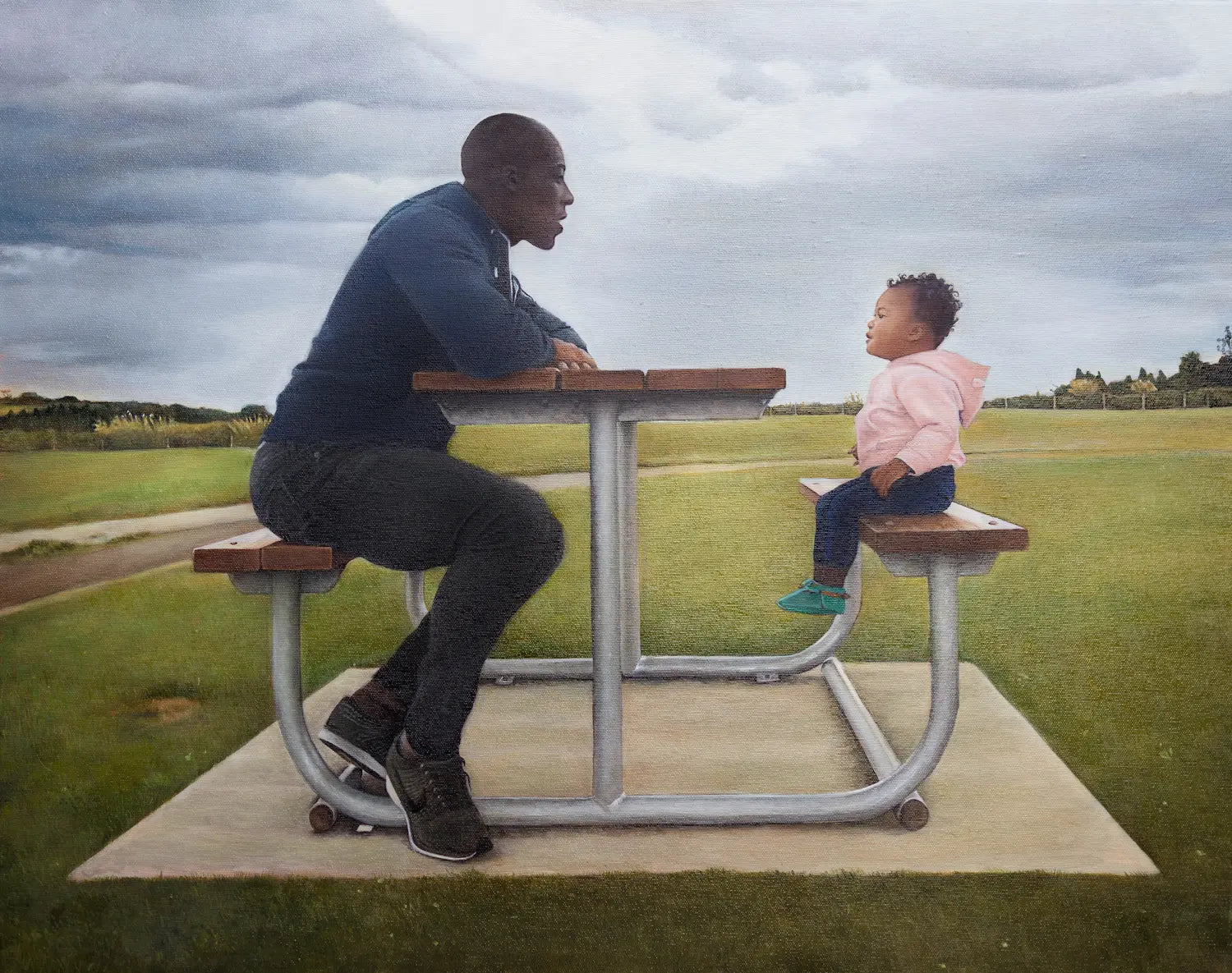 Large dad & daughter oil portrait