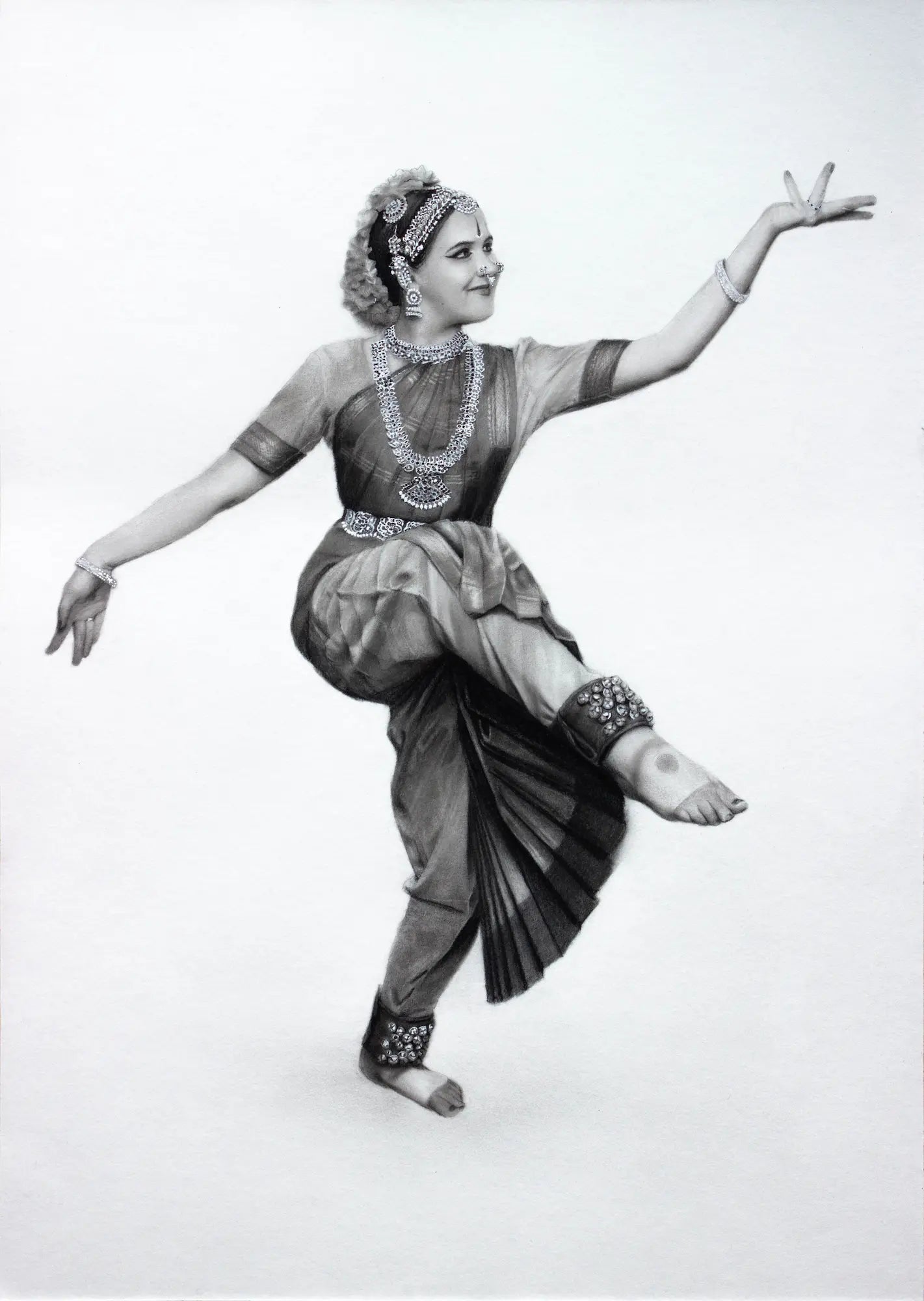 An Indian national girl dancer in a pencil drawing