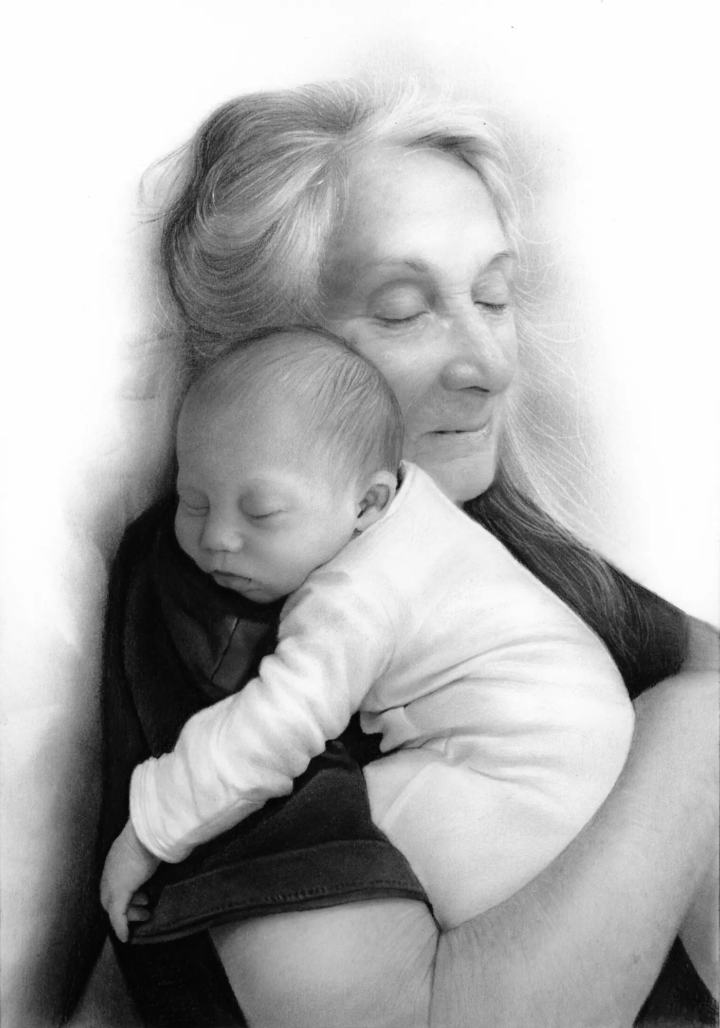 Granny with a newborn pencil portrait