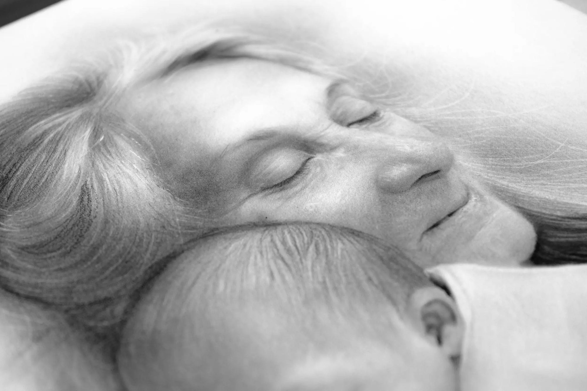 Granny with a newborn pencil portrait