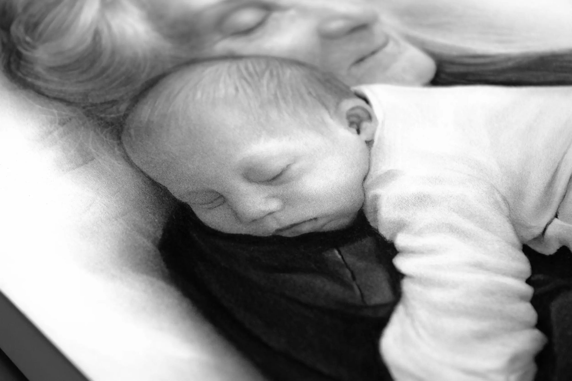 Granny with a newborn pencil portrait